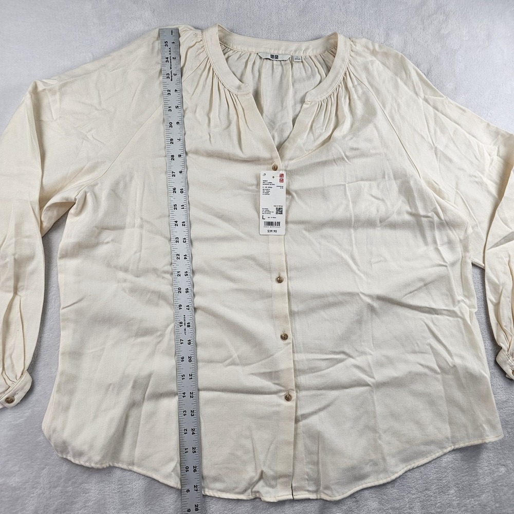Uniqlo Soft Flannel Gathered Blouse Womens L Peasant Off White Cream Cottagecore - Picture 9 of 11